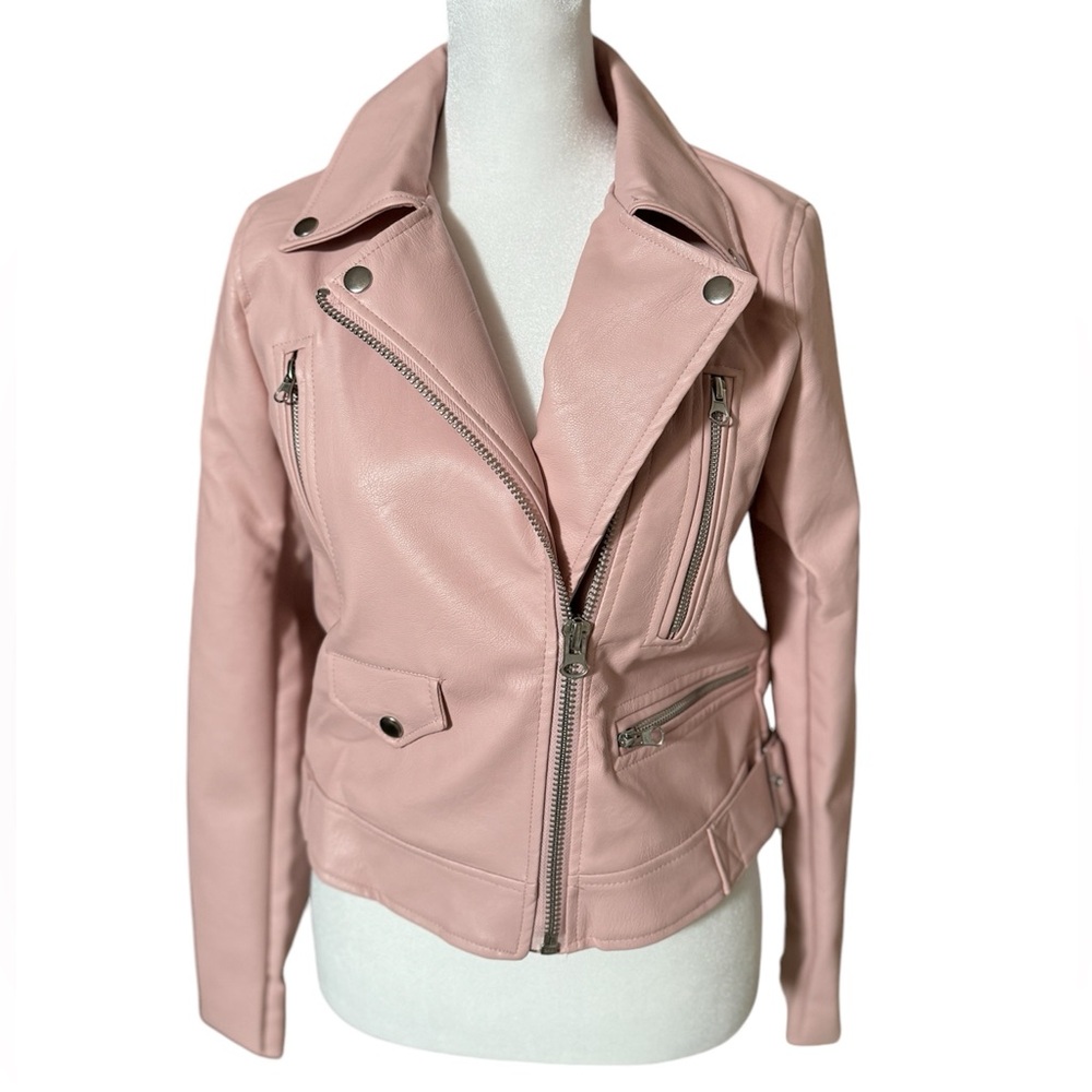 Moto Faux Leather Biker Jacket (Blush Pink) - Picture 3 of 9